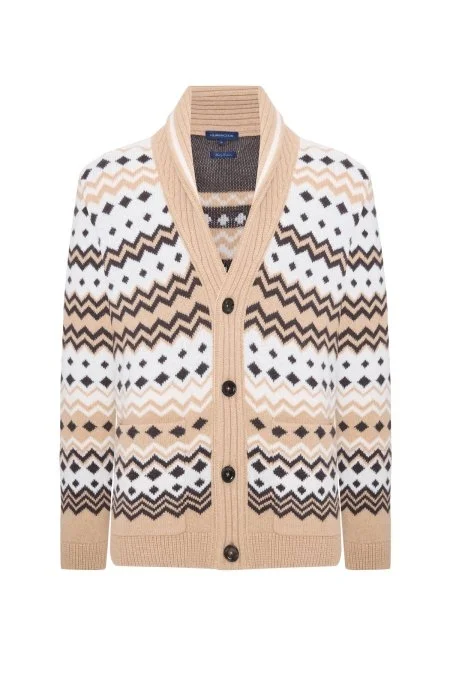 Fair Isle Desen Kaşmir Yün Karışım Camel Hırka