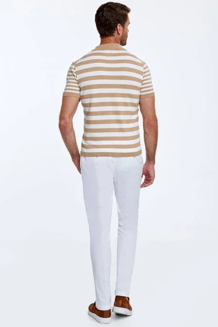 Fermuar Detaylı Bej Çizgili Saf Pamuk Triko Polo