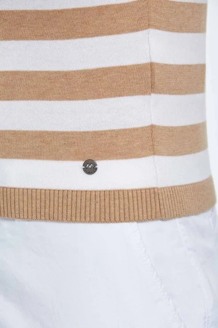 Fermuar Detaylı Bej Çizgili Saf Pamuk Triko Polo