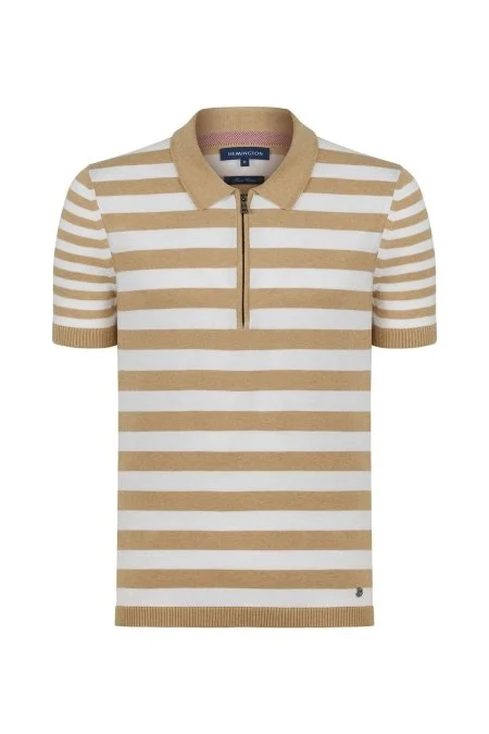 Fermuar Detaylı Bej Çizgili Saf Pamuk Triko Polo