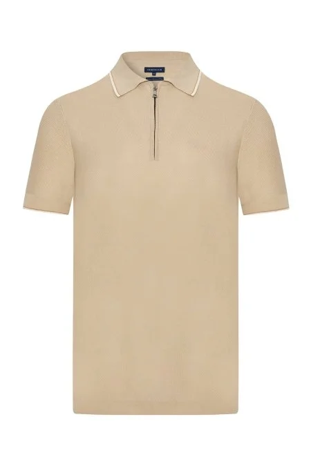 Merserize Pamuk Fermuar Yaka Bej Triko Polo