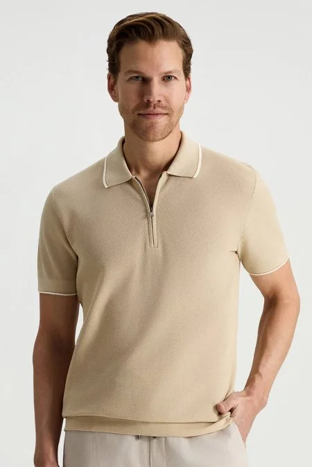 Merserize Pamuk Fermuar Yaka Bej Triko Polo