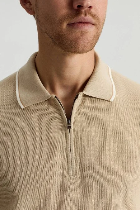 Merserize Pamuk Fermuar Yaka Bej Triko Polo