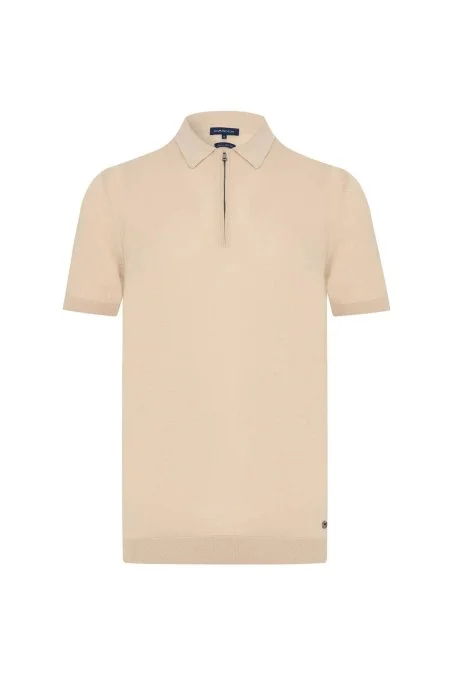 Merserize Pamuk Fermuar Yaka Bej Triko Polo