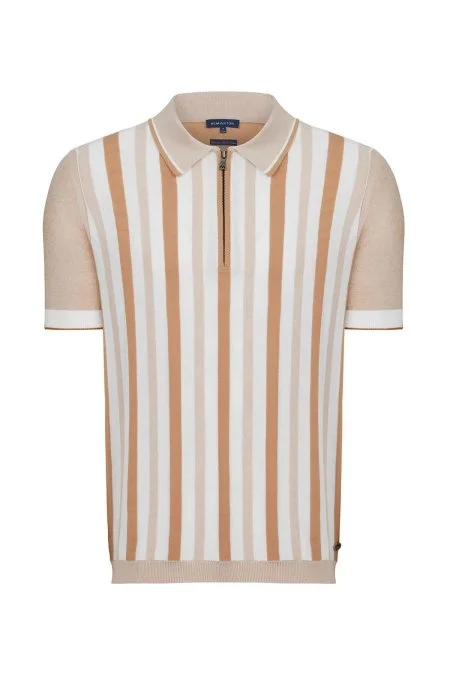 Fermuar Detaylı Çizgi Desen Krem Rengi Triko Polo