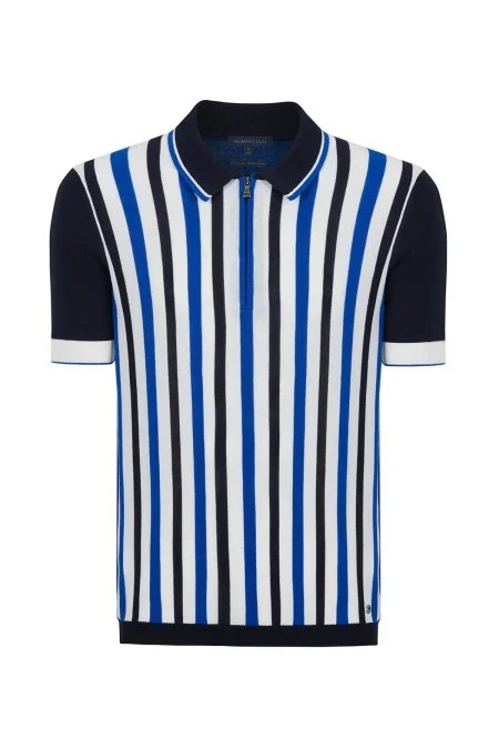 Fermuar Detaylı Çizgi Desen Lacivert Triko Polo