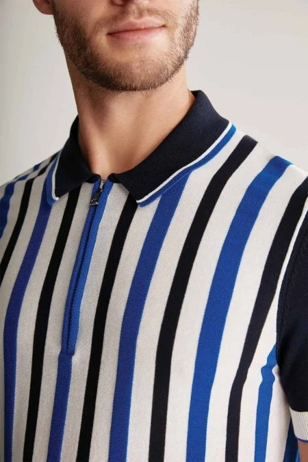 Fermuar Detaylı Çizgi Desen Lacivert Triko Polo
