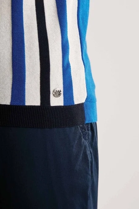 Fermuar Detaylı Çizgi Desen Lacivert Triko Polo