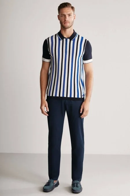 Fermuar Detaylı Çizgi Desen Lacivert Triko Polo
