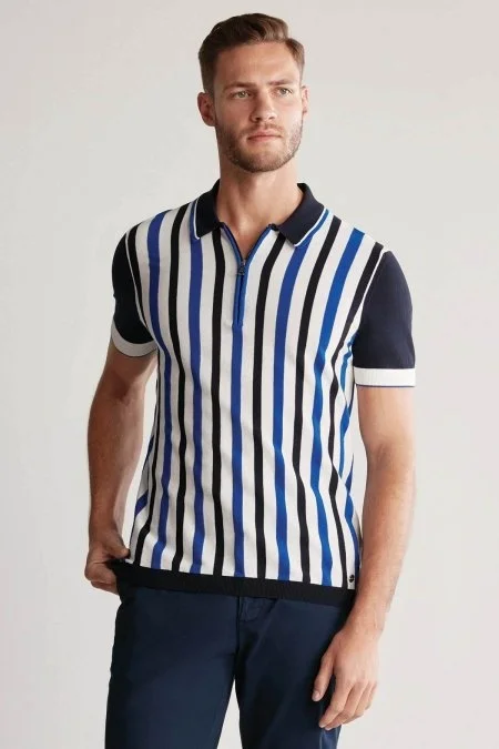 Fermuar Detaylı Çizgi Desen Lacivert Triko Polo