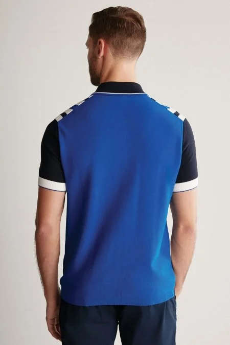 Fermuar Detaylı Çizgi Desen Lacivert Triko Polo