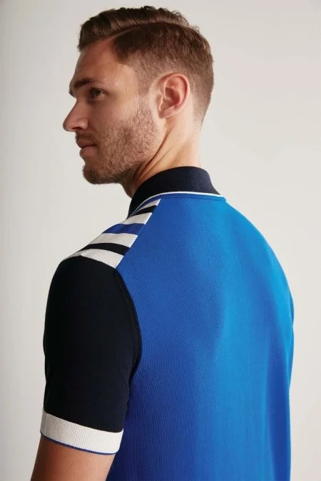 Fermuar Detaylı Çizgi Desen Lacivert Triko Polo