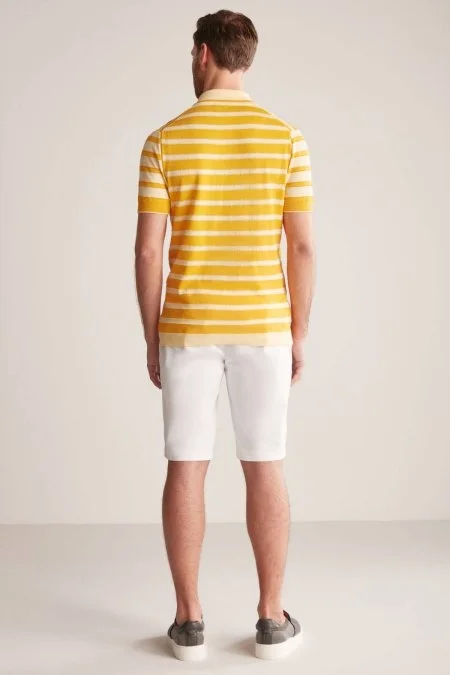 Fermuar Detaylı Çizgi Desen Sarı Triko Polo