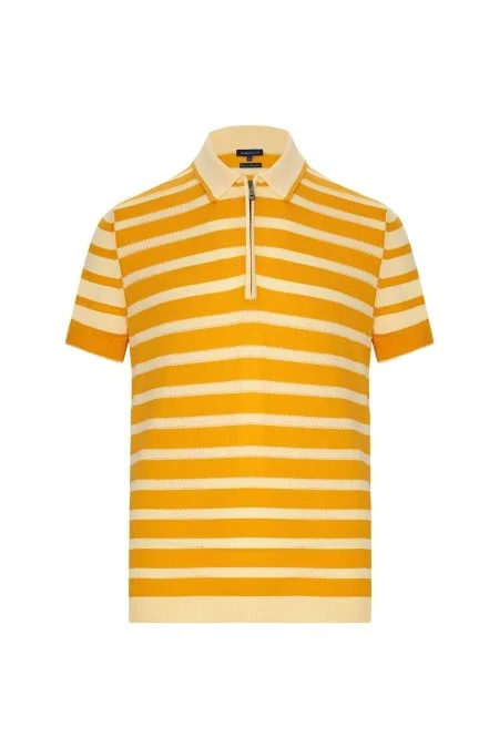 Fermuar Detaylı Çizgi Desen Sarı Triko Polo