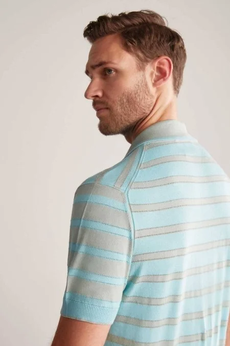 Fermuar Detaylı Çizgi Desen Turkuaz Triko Polo