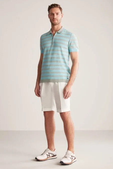 Fermuar Detaylı Çizgi Desen Turkuaz Triko Polo