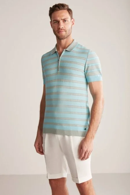 Fermuar Detaylı Çizgi Desen Turkuaz Triko Polo