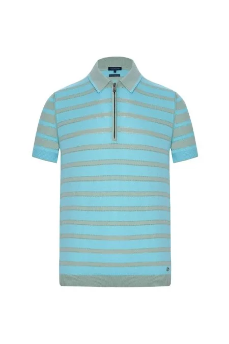 Fermuar Detaylı Çizgi Desen Turkuaz Triko Polo