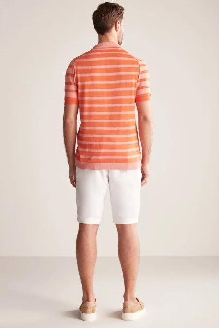 Fermuar Detaylı Çizgi Desen Turuncu Triko Polo