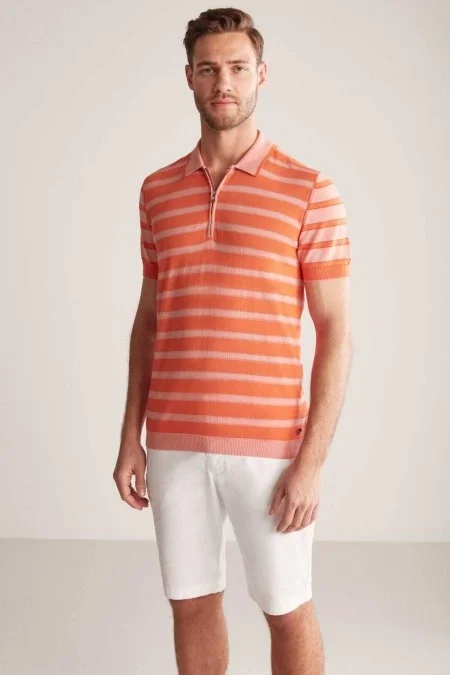 Fermuar Detaylı Çizgi Desen Turuncu Triko Polo
