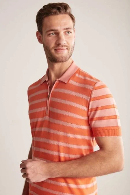 Fermuar Detaylı Çizgi Desen Turuncu Triko Polo