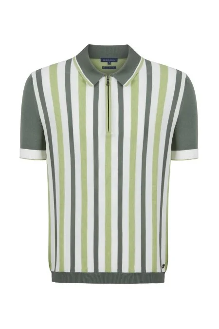 Fermuar Detaylı Çizgi Desen Yeşil Triko Polo