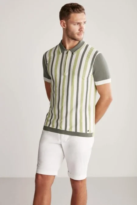 Fermuar Detaylı Çizgi Desen Yeşil Triko Polo