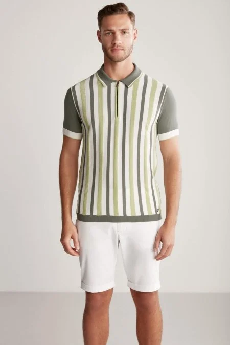 Fermuar Detaylı Çizgi Desen Yeşil Triko Polo