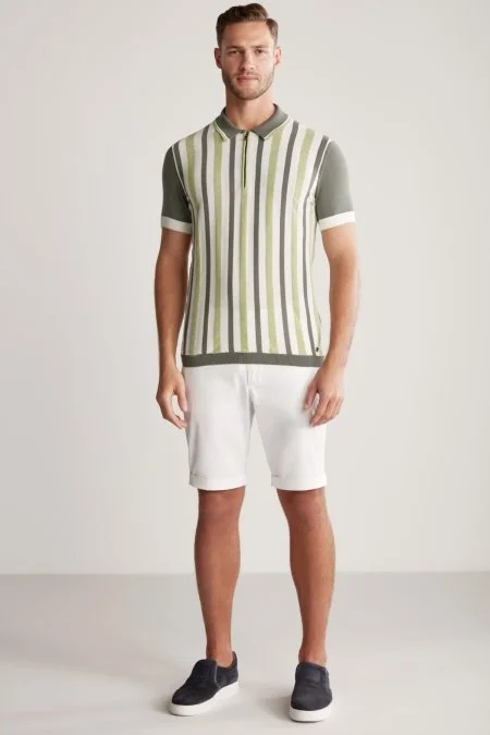 Fermuar Detaylı Çizgi Desen Yeşil Triko Polo