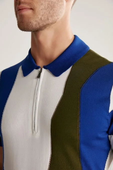 Fermuar Detaylı İndigo Merserize Pamuk Triko Polo