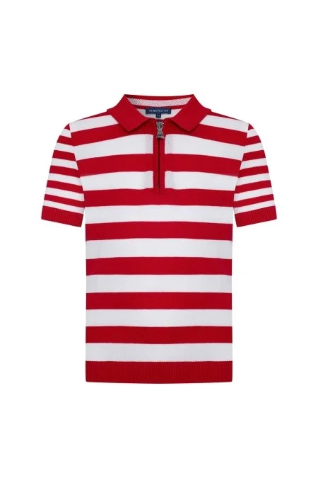Fermuar Detaylı Kırmızı Beyaz Çizgili Merserize Pamuk Çocuk Triko Polo