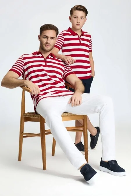 Fermuar Detaylı Kırmızı Beyaz Çizgili Merserize Pamuk Çocuk Triko Polo