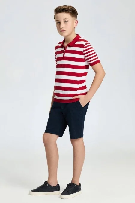 Fermuar Detaylı Kırmızı Beyaz Çizgili Merserize Pamuk Çocuk Triko Polo