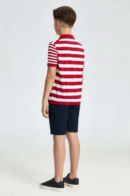 Fermuar Detaylı Kırmızı Beyaz Çizgili Merserize Pamuk Çocuk Triko Polo