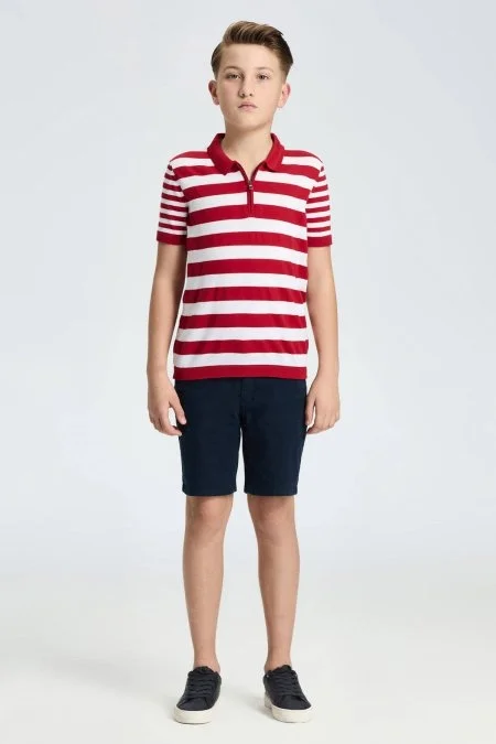 Fermuar Detaylı Kırmızı Beyaz Çizgili Merserize Pamuk Çocuk Triko Polo