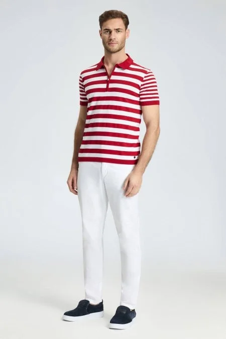 Fermuar Detaylı Kırmızı Beyaz Çizgili Merserize Pamuk Triko Polo