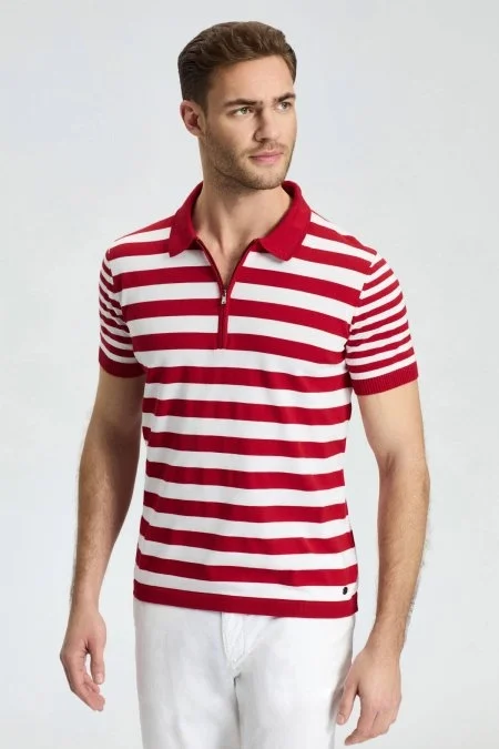 Fermuar Detaylı Kırmızı Beyaz Çizgili Merserize Pamuk Triko Polo