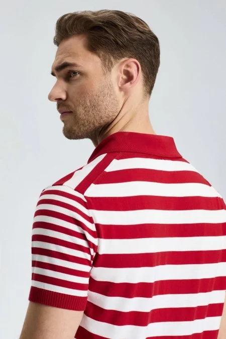 Fermuar Detaylı Kırmızı Beyaz Çizgili Merserize Pamuk Triko Polo