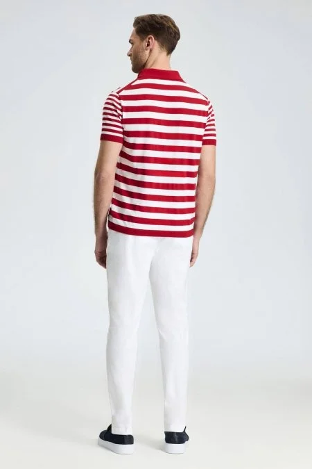 Fermuar Detaylı Kırmızı Beyaz Çizgili Merserize Pamuk Triko Polo
