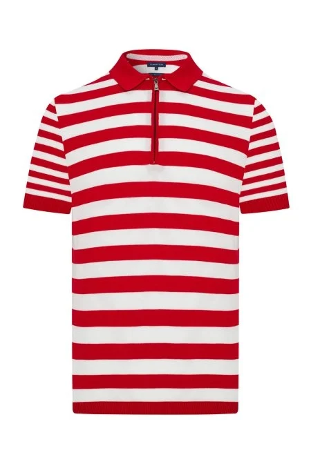 Fermuar Detaylı Kırmızı Beyaz Çizgili Merserize Pamuk Triko Polo