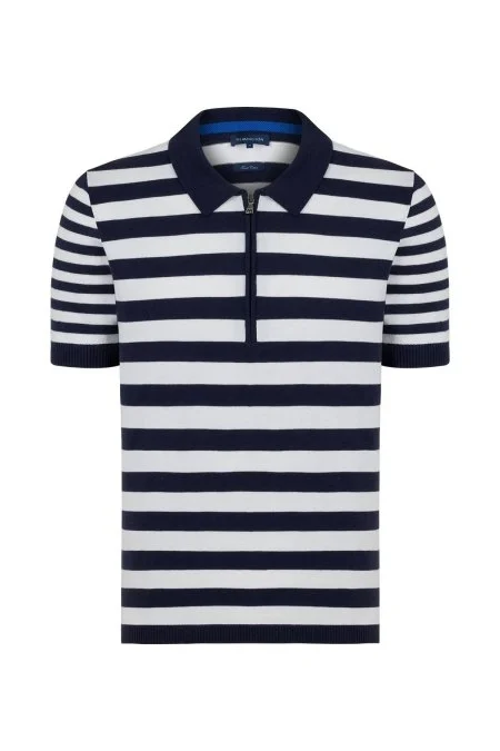 Fermuar Detaylı Lacivert Çizgili Saf Pamuk Triko Polo