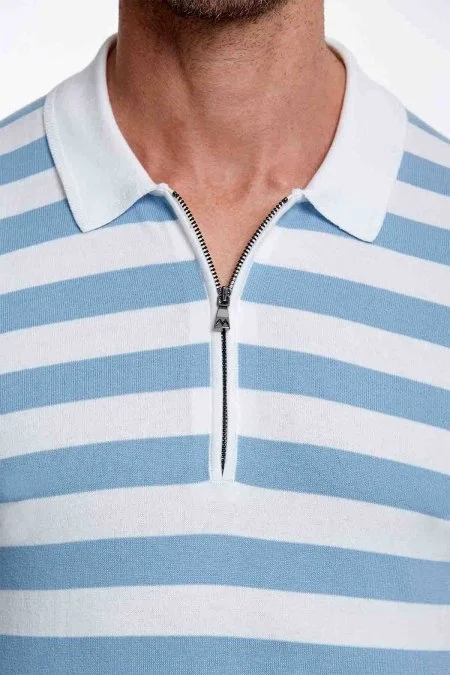 Fermuar Detaylı Mavi Çizgili Saf Pamuk Triko Polo