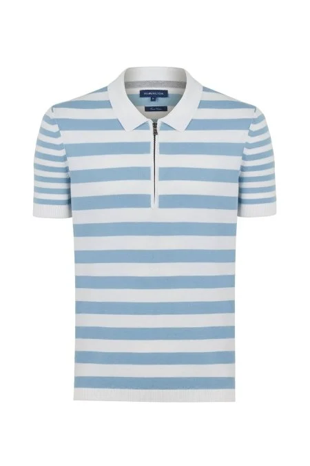 Fermuar Detaylı Mavi Çizgili Saf Pamuk Triko Polo