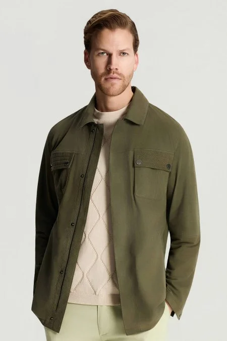 Fermuarlı Haki Deri Ceket