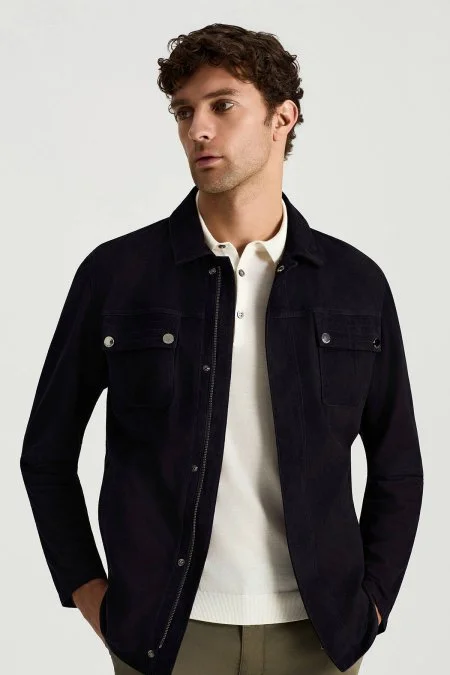 Fermuarlı Lacivert Deri Ceket