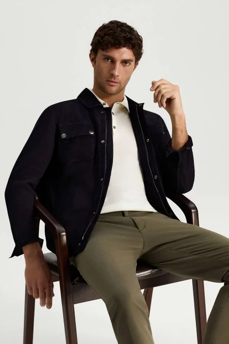 Fermuarlı Lacivert Deri Ceket