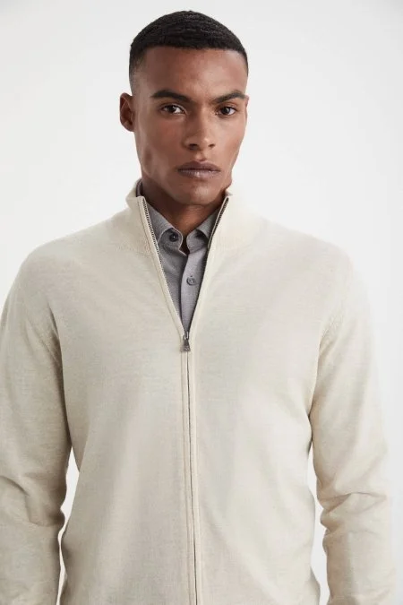 Extrafine Merino Fermuarlı Açık Bej Triko Hırka