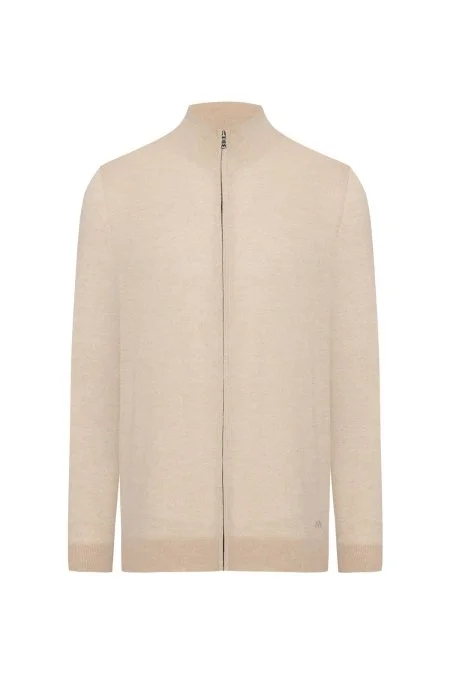 Extrafine Merino Fermuarlı Açık Bej Triko Hırka