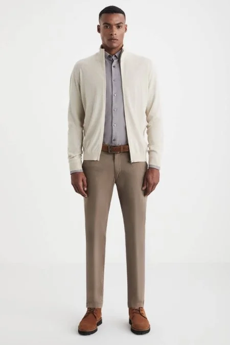 Extrafine Merino Fermuarlı Açık Bej Triko Hırka