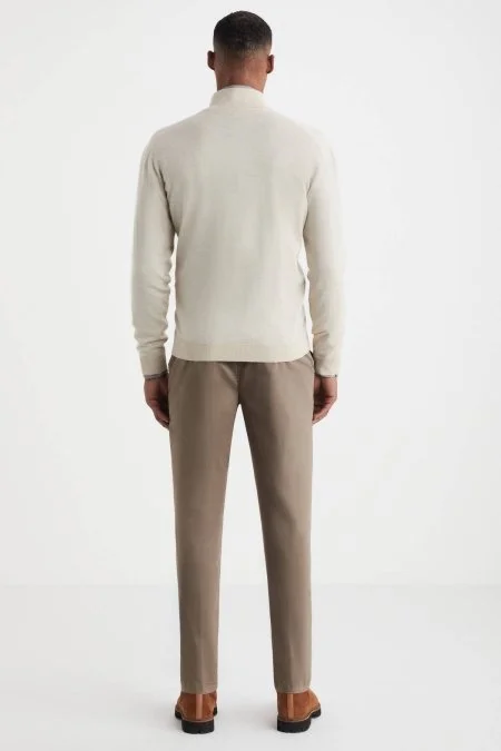 Extrafine Merino Fermuarlı Açık Bej Triko Hırka